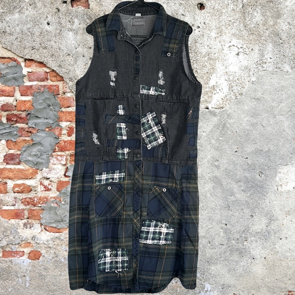 Upcycled flannel and distressed denim patched fringe back vest
